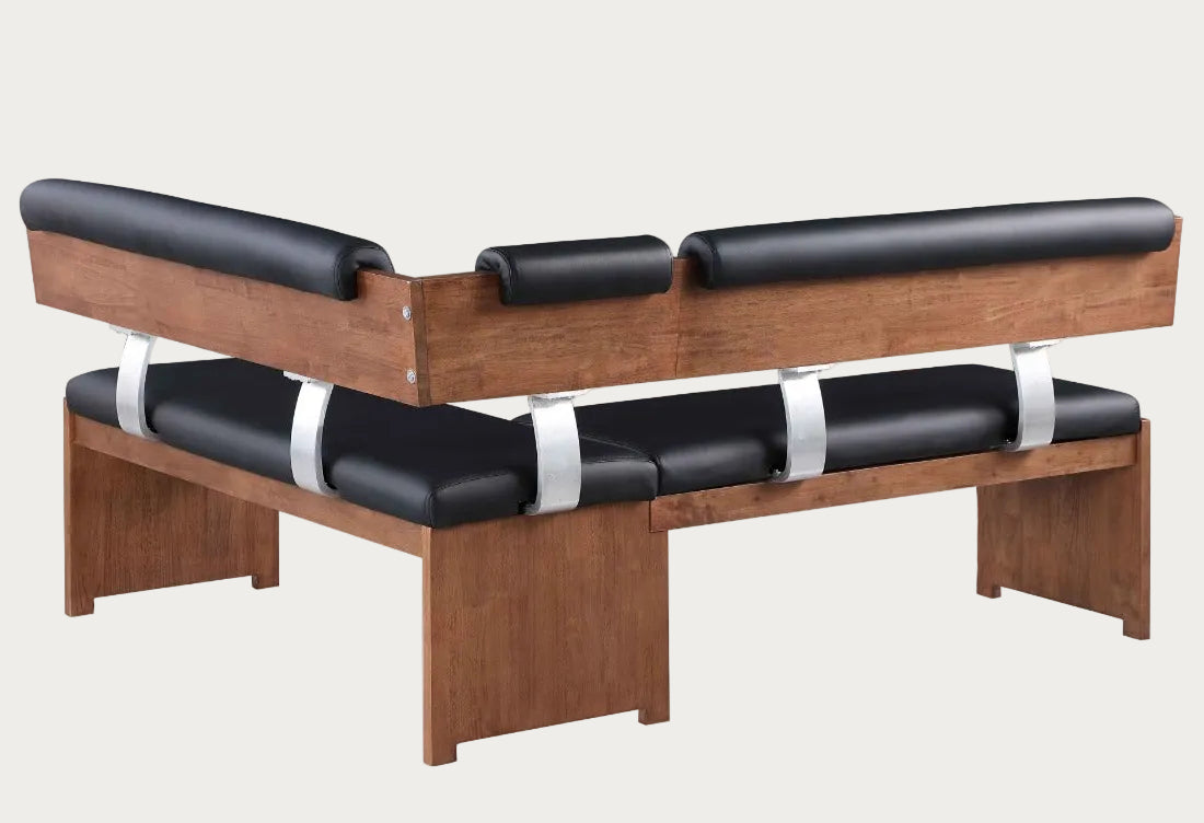 Emma wooden bench upholstered with black faux leather cushioned seats on a white background