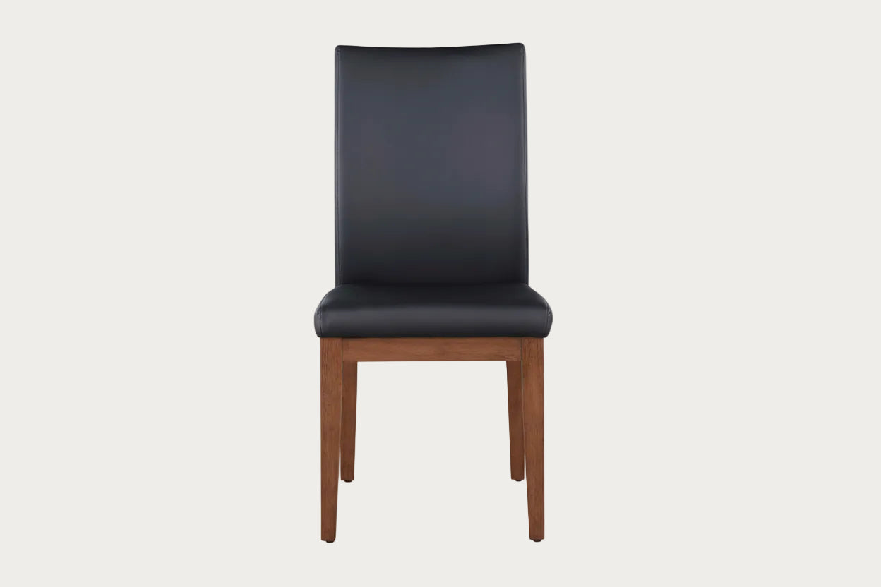 Emma black upholstered chair with wooden legs on a white background