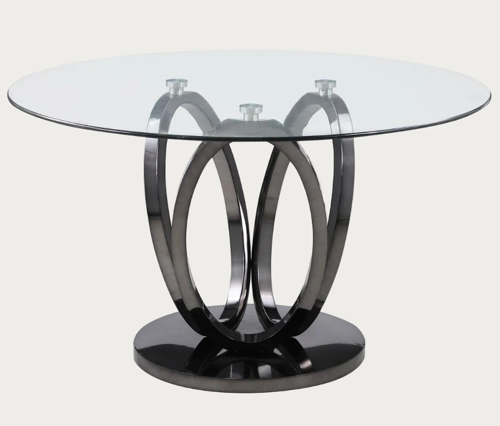 Evelyn glass-top table with black metal base on a white background