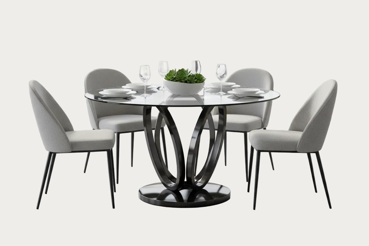 Evelyn glass dining table with black metal base on a white background