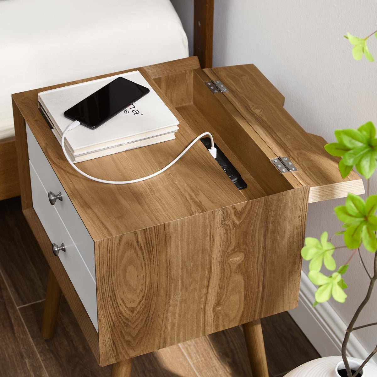 Modway Ember Wood Nightstand With USB Ports