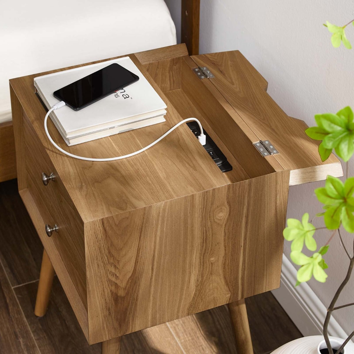 Modway Ember Wood Nightstand With USB Ports