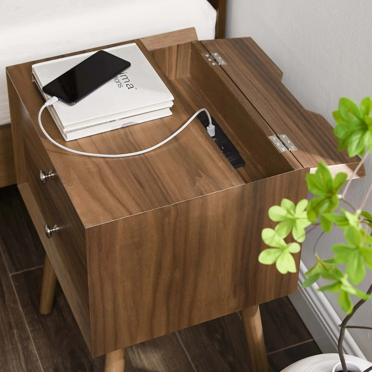 Modway Ember Wood Nightstand With USB Ports