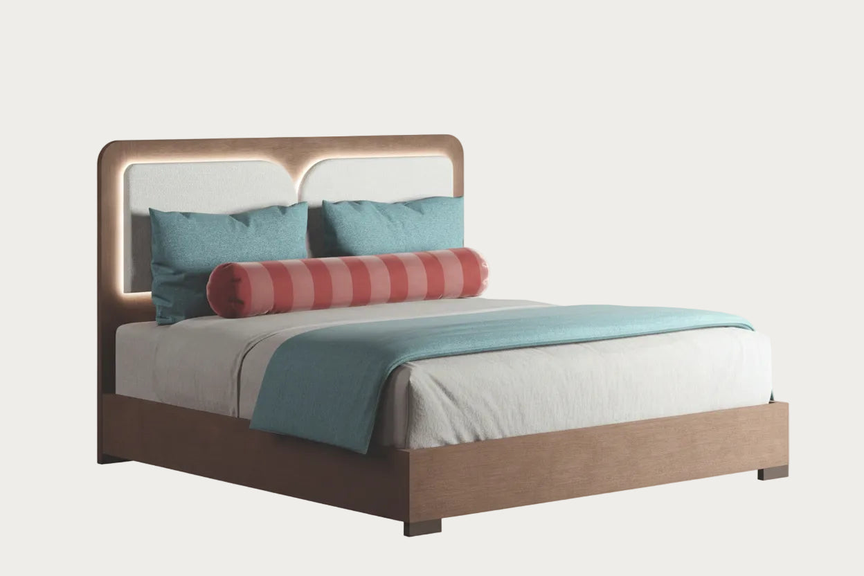 Hebe bed with wooden frame, blue bedding, and colorful pillow on a white background.