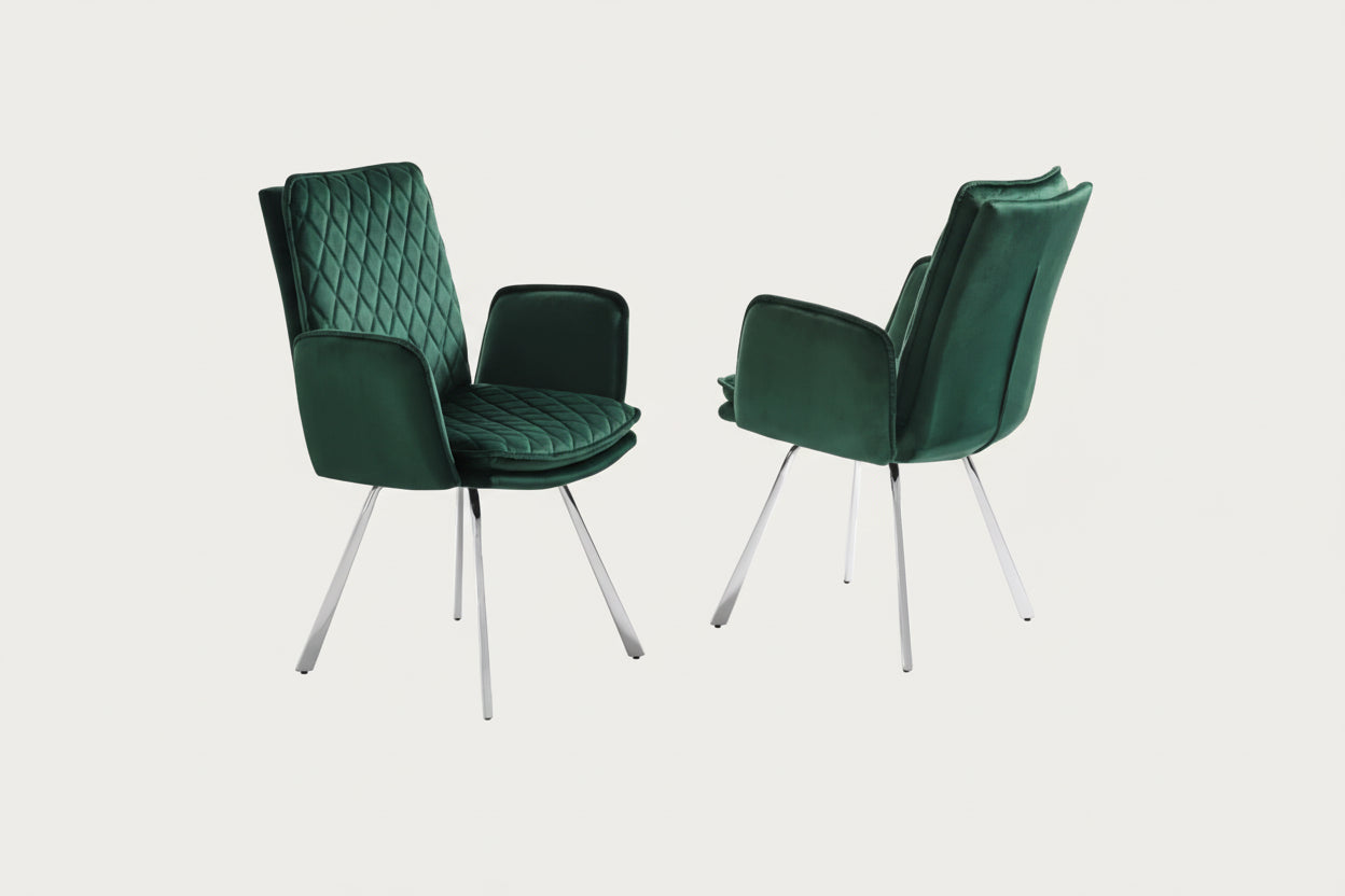 Novel Armchair upholstered in Green Velvet Fabric with Chrome legs