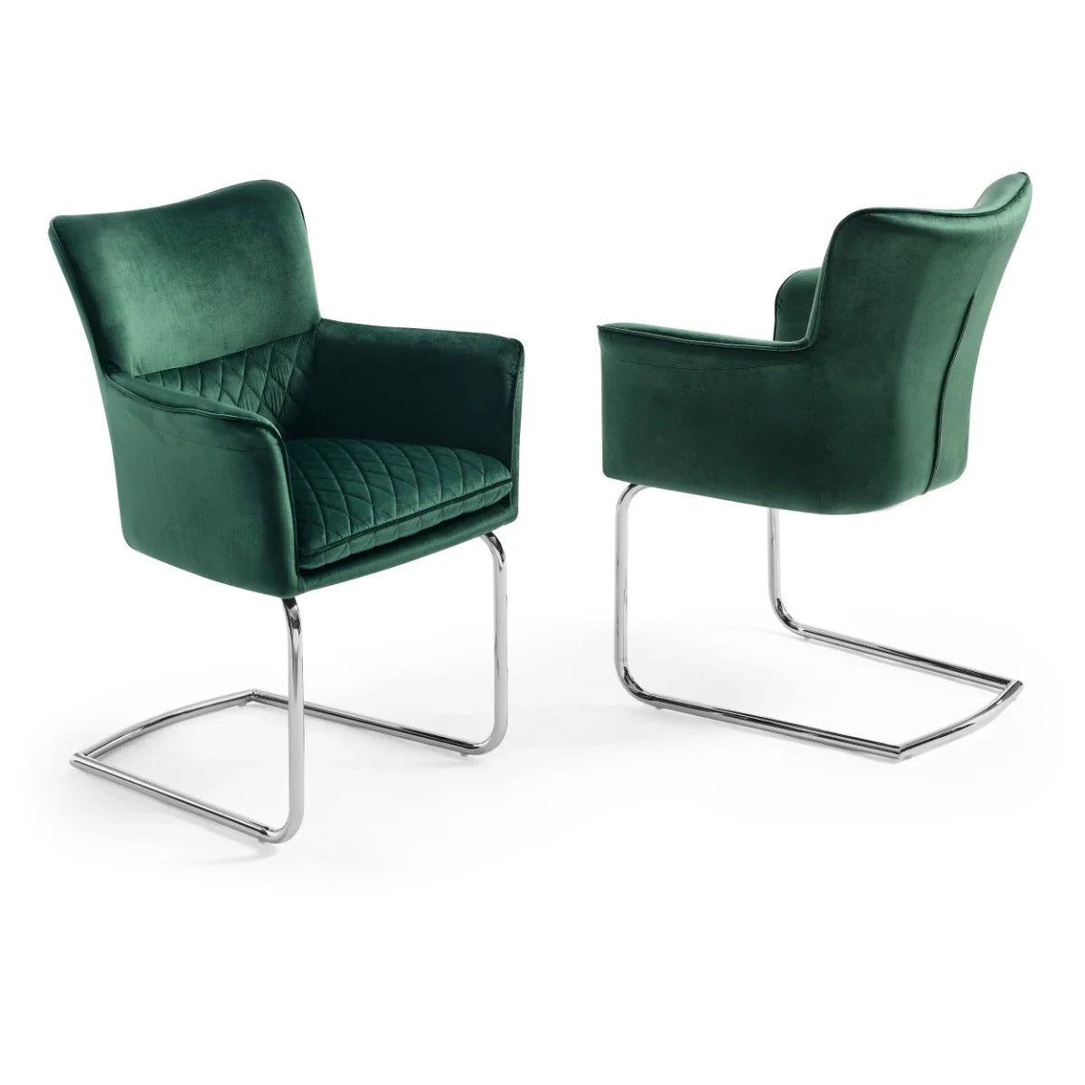 Loran Armchair, Green Velvet Fabric Upholstered, Chrome Frame