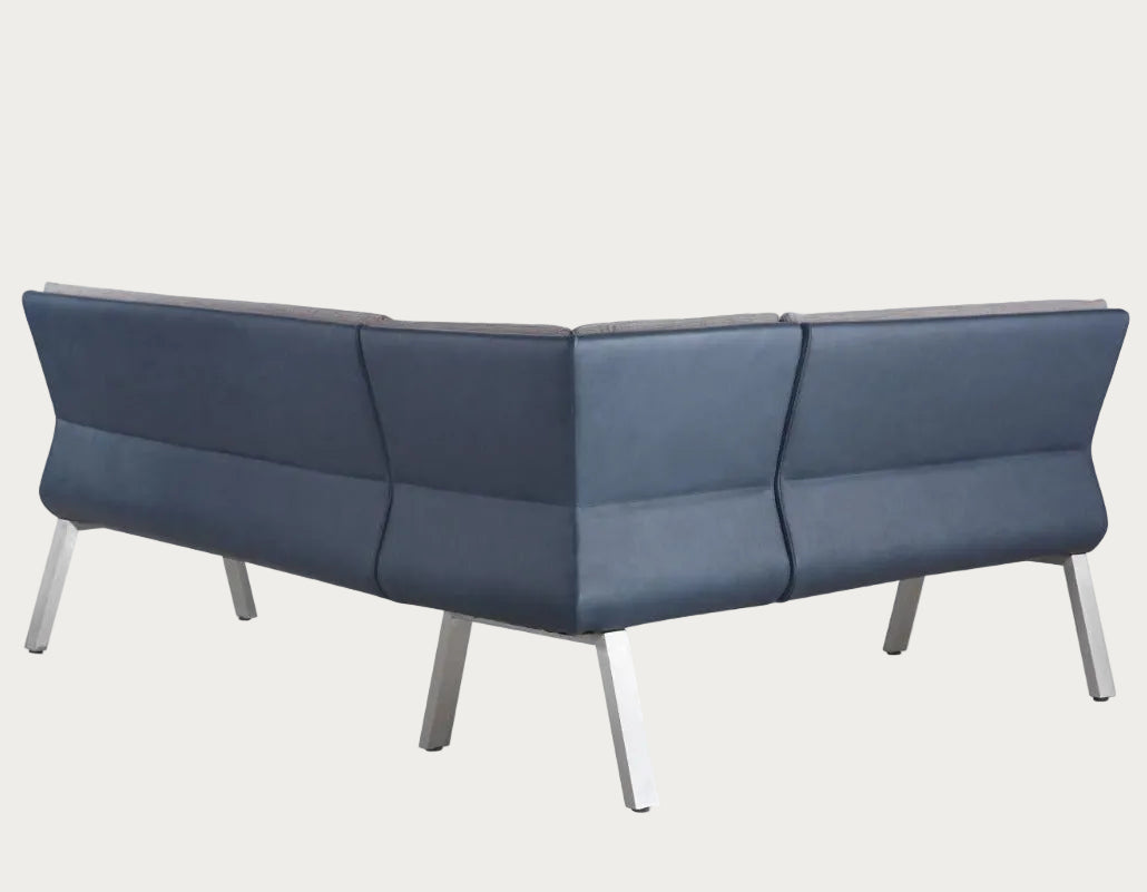 Jezebel blue modern nook with silver legs on a white background