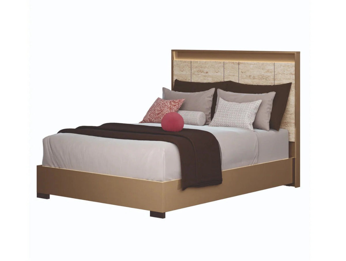 ALF Jo King Bed with Headboard Lighting – Gold High Gloss & Travertino Eco-Stone Finish