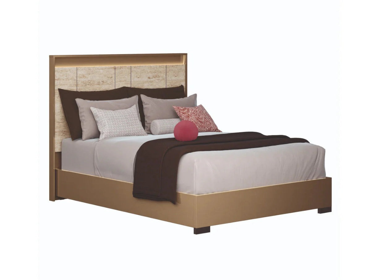 ALF Jo Queen Bed with Headboard Lighting – Gold High Gloss & Travertino Eco-Stone Finish