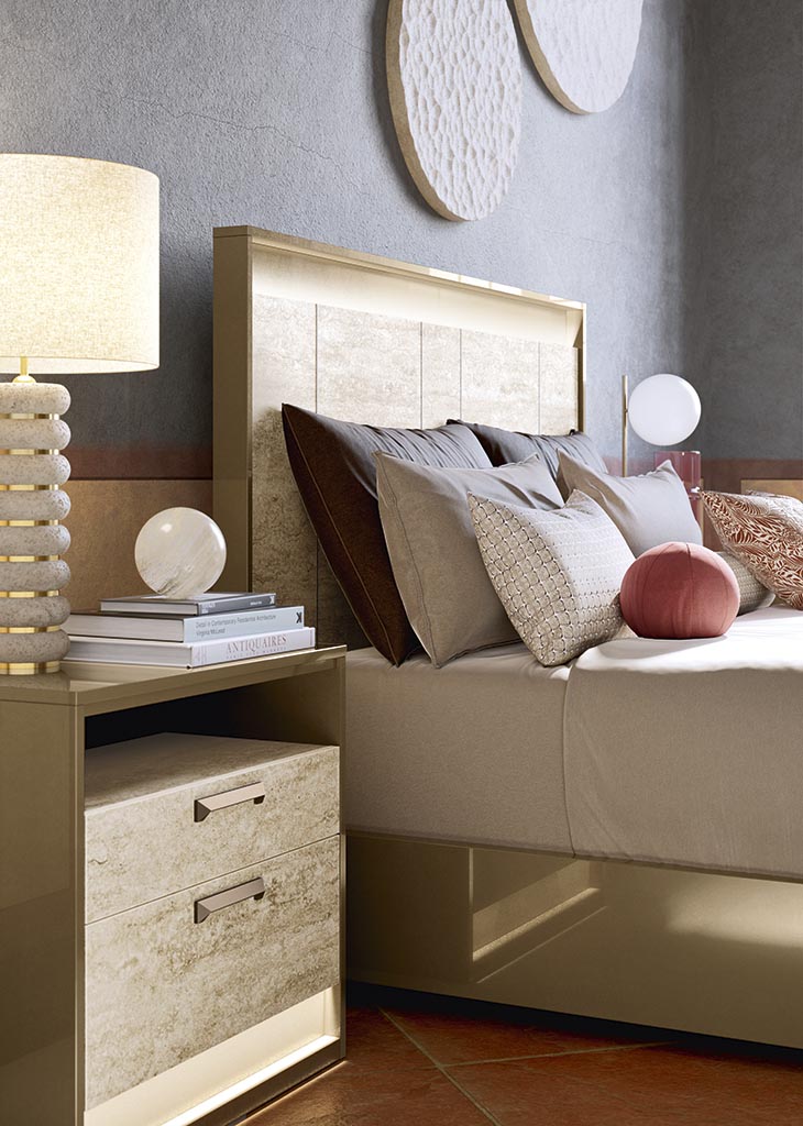 ALF Jo Nightstand – Gold High Gloss & Travertino Eco-Stone Finish