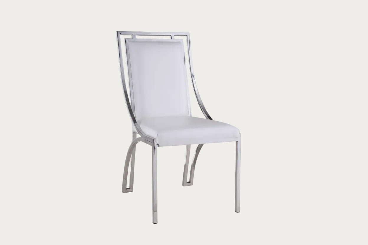 Josie white chair with metal frame on a white background