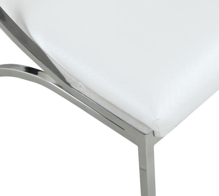 Close-up of a Josie modern chair with a white seat and chrome frame
