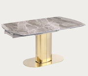 Karla extendable dining table with marble top and gold base.