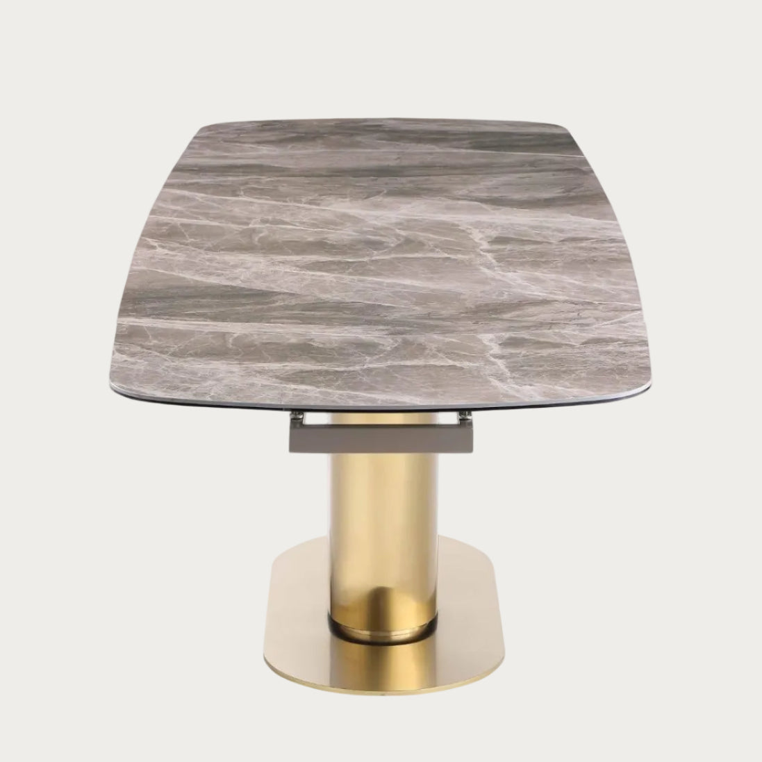 Dining table with marble top and gold base.