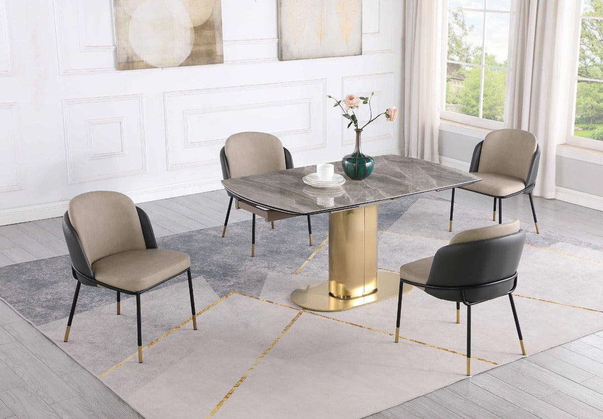 Chintaly Karla Katherine 5-Piece Dining Set with Extendable Marbleized Ceramic Table & 2Tone Chairs with Golden Accents