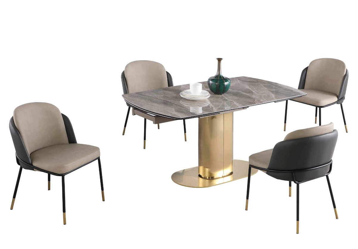 Chintaly Karla Katherine 5-Piece Dining Set with Extendable Marbleized Ceramic Table & 2Tone Chairs with Golden Accents