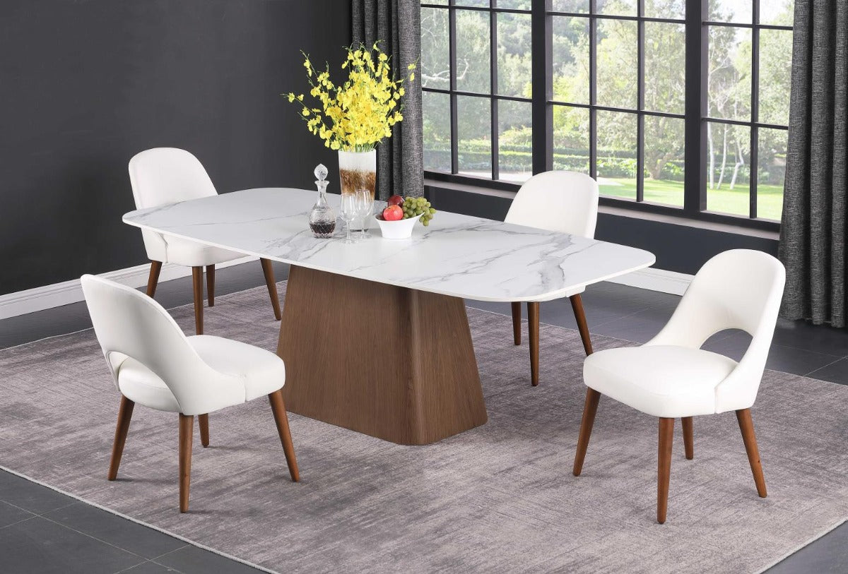Chintaly Kenza Modern Marbleized Sintered Stone Top Table & Wooden Legged Chairs