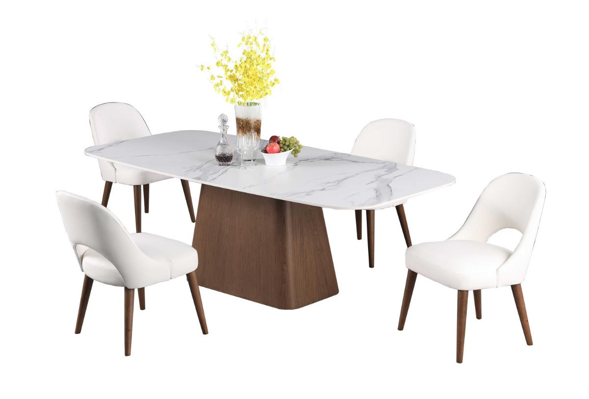 Chintaly Kenza Modern Marbleized Sintered Stone Top Table & Wooden Legged Chairs