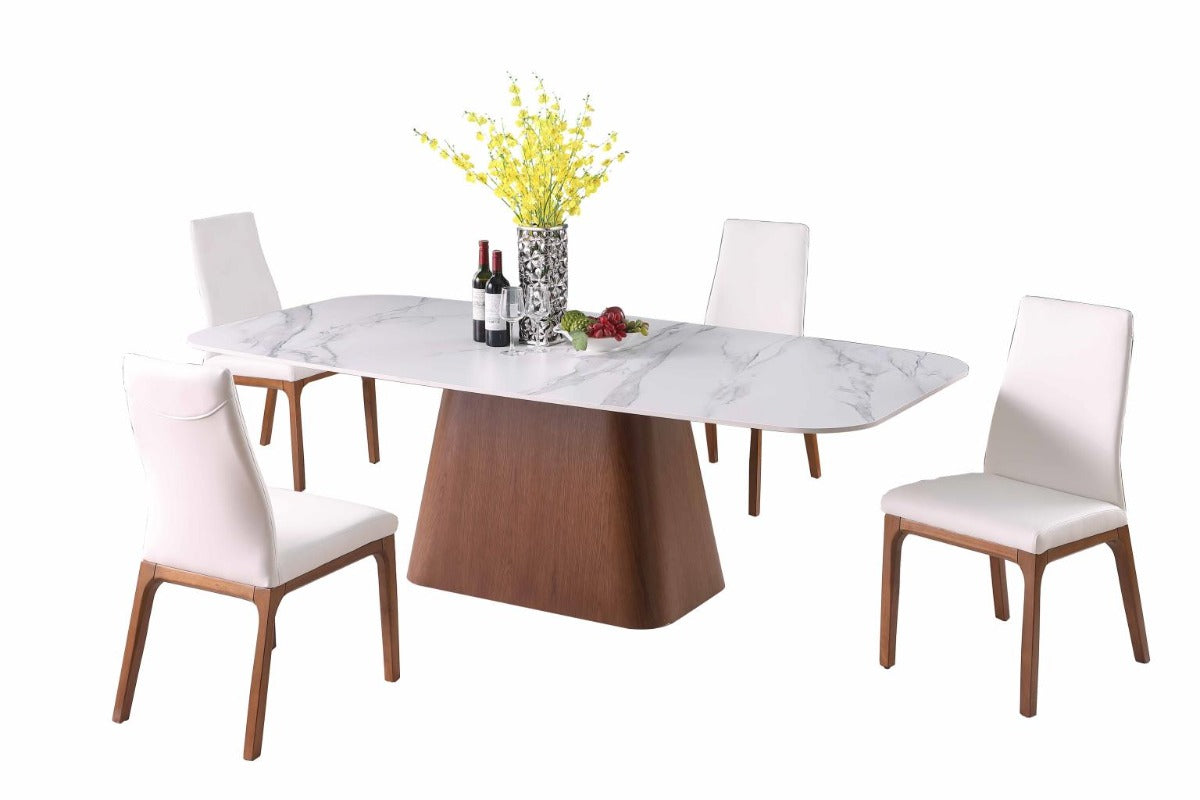 Chintaly Kenza Modern Marbleized Sintered Stone Top Table & Solid Wood Chairs