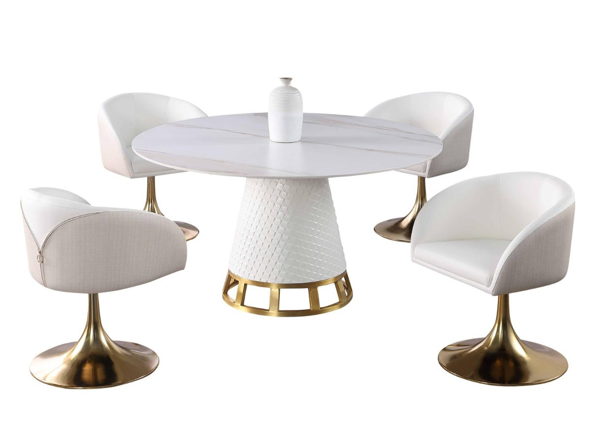 Chintaly Khloe Dining Set with Sintered Stone, Wooden, and Golden Table with Club style arm chairs