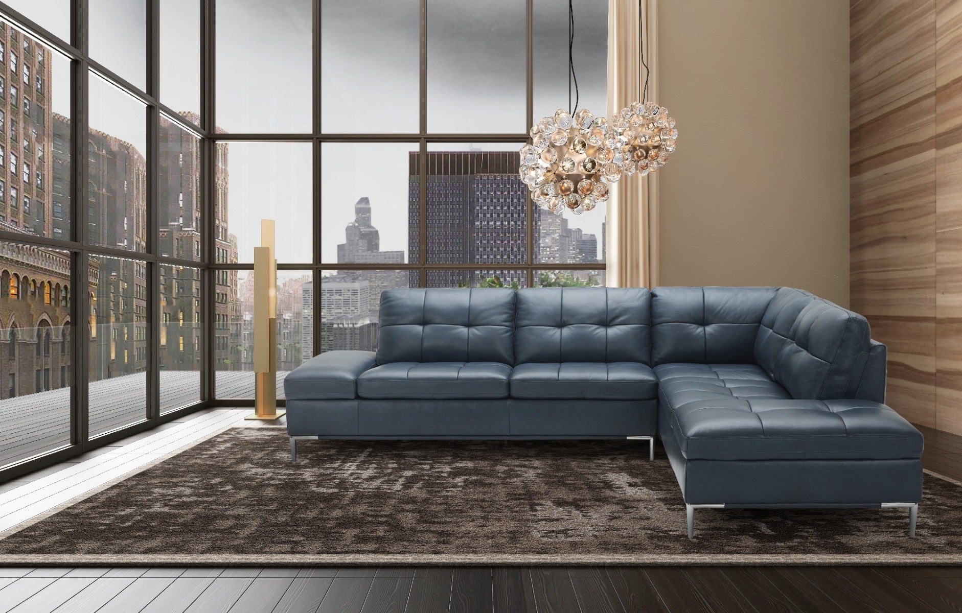 J & M Leonardo Leather Sectional with Storage, Navy-Blue