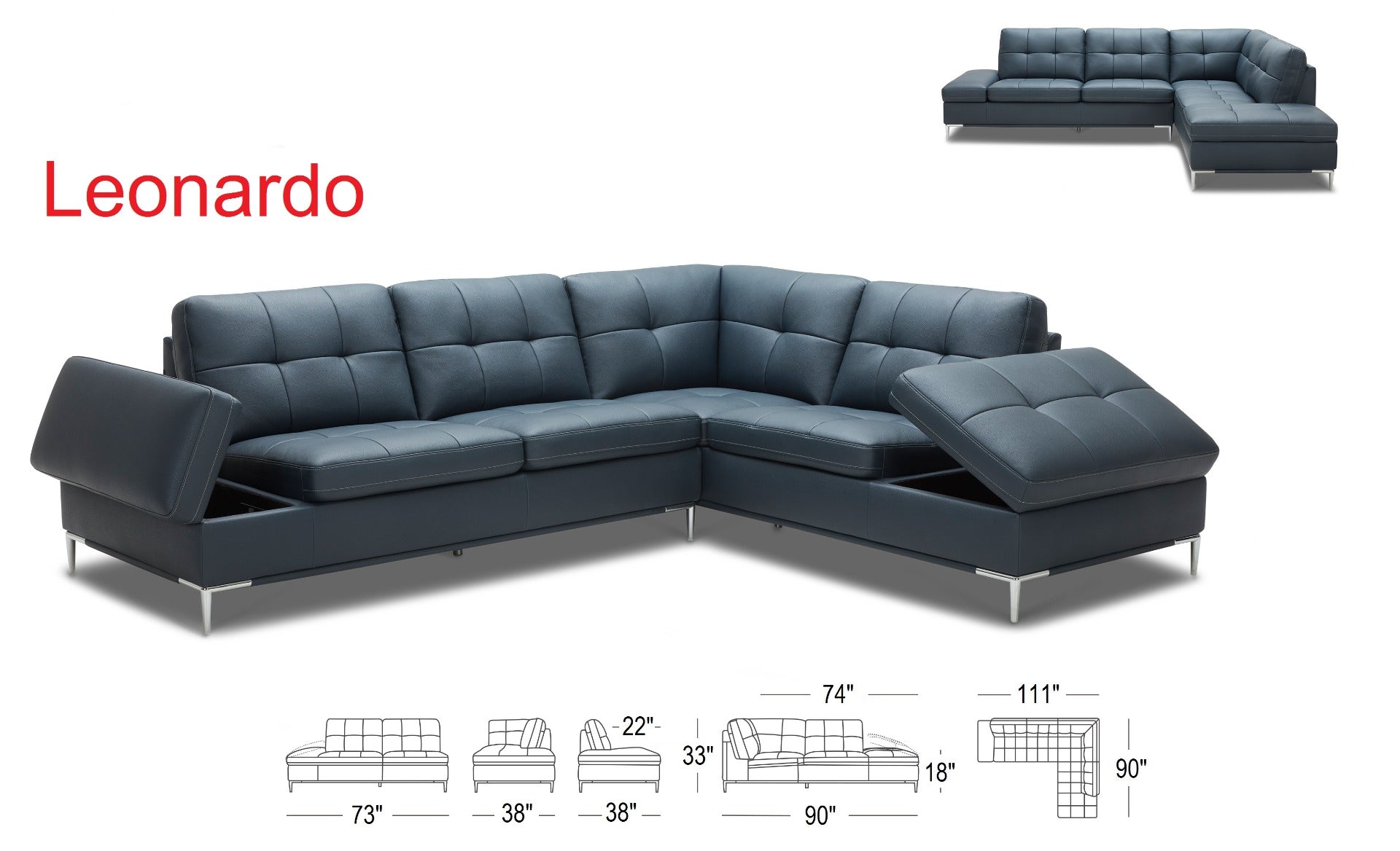 J & M Leonardo Leather Sectional with Storage, Navy-Blue