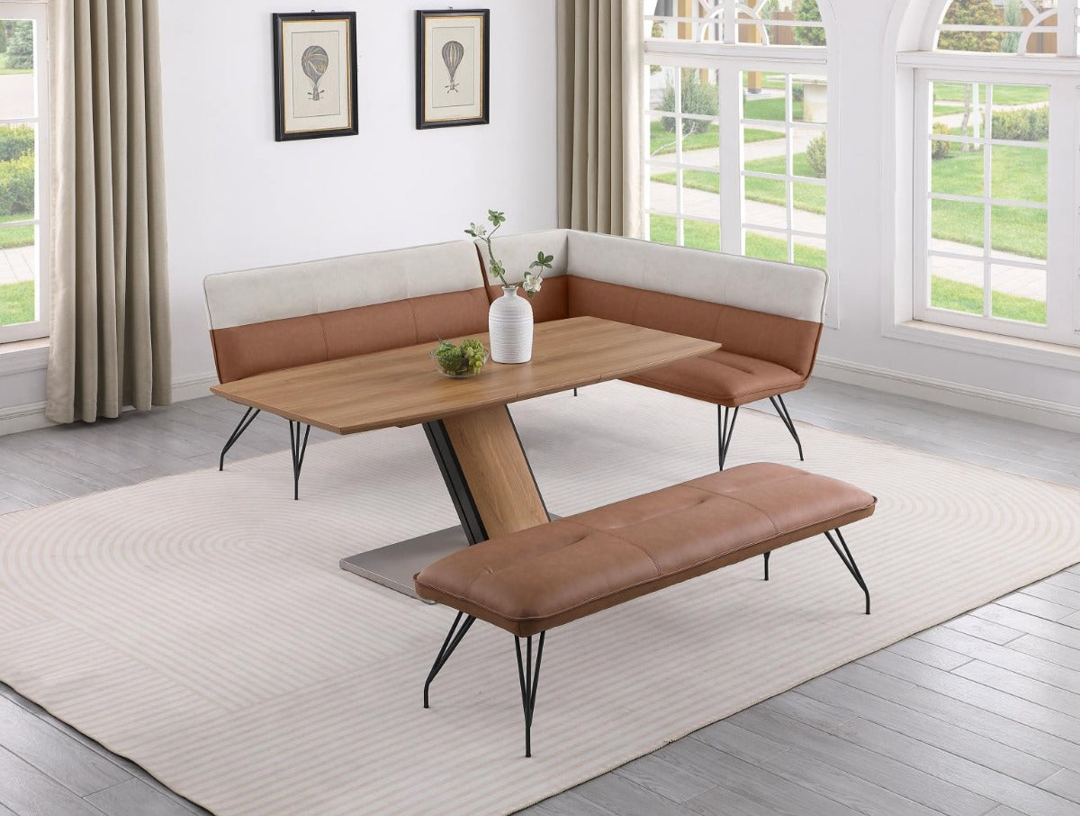 Chintaly Lillian 3-Piece Modern Wooden Dining Set with Extendable Table, Nook, and Bench