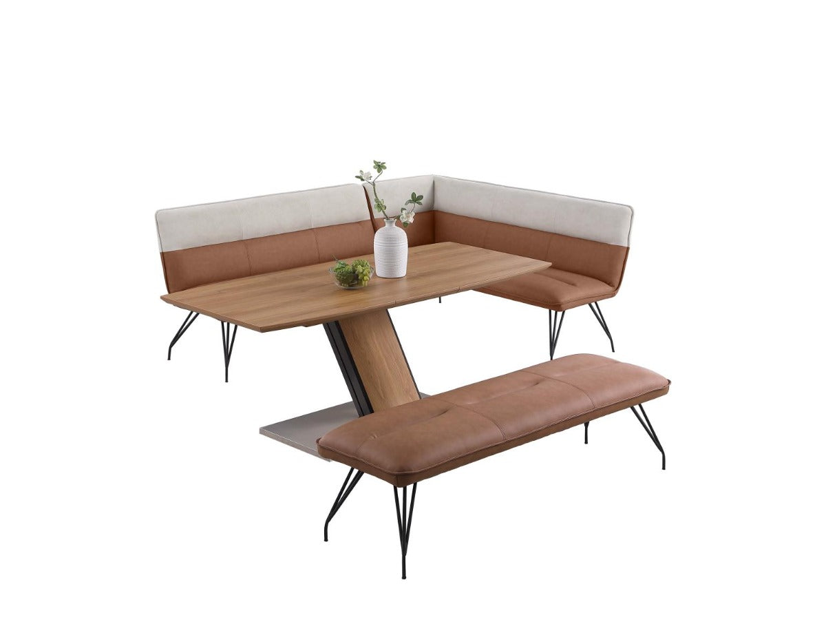 Chintaly Lillian 3-Piece Modern Wooden Dining Set with Extendable Table, Nook, and Bench