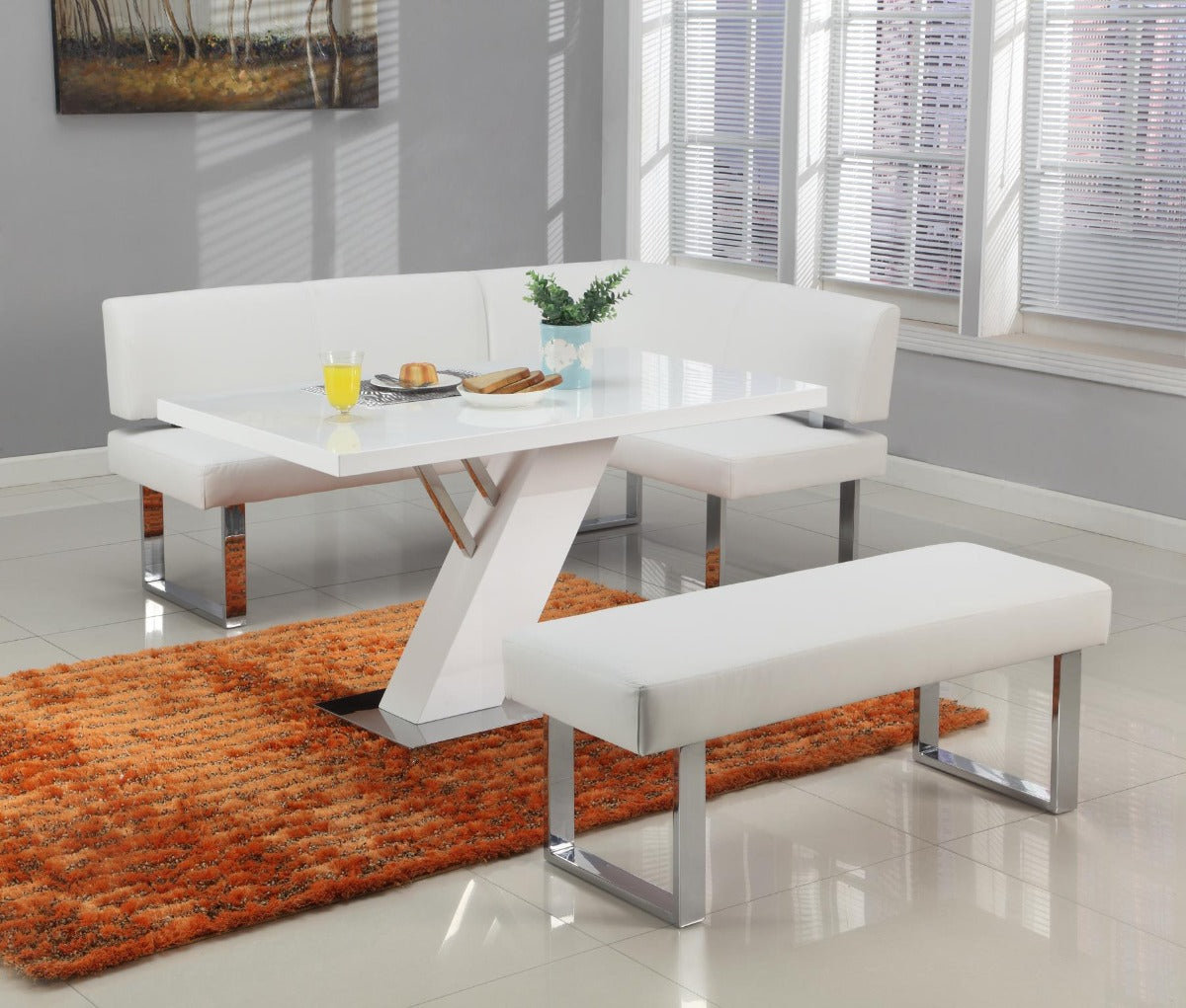 Chintaly Linden 3-Piece Contemporary Dining Set with White Gloss Table, Upholstered Bench & Nook