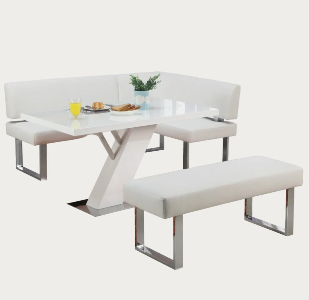 Linden modern white dining set with bench and table