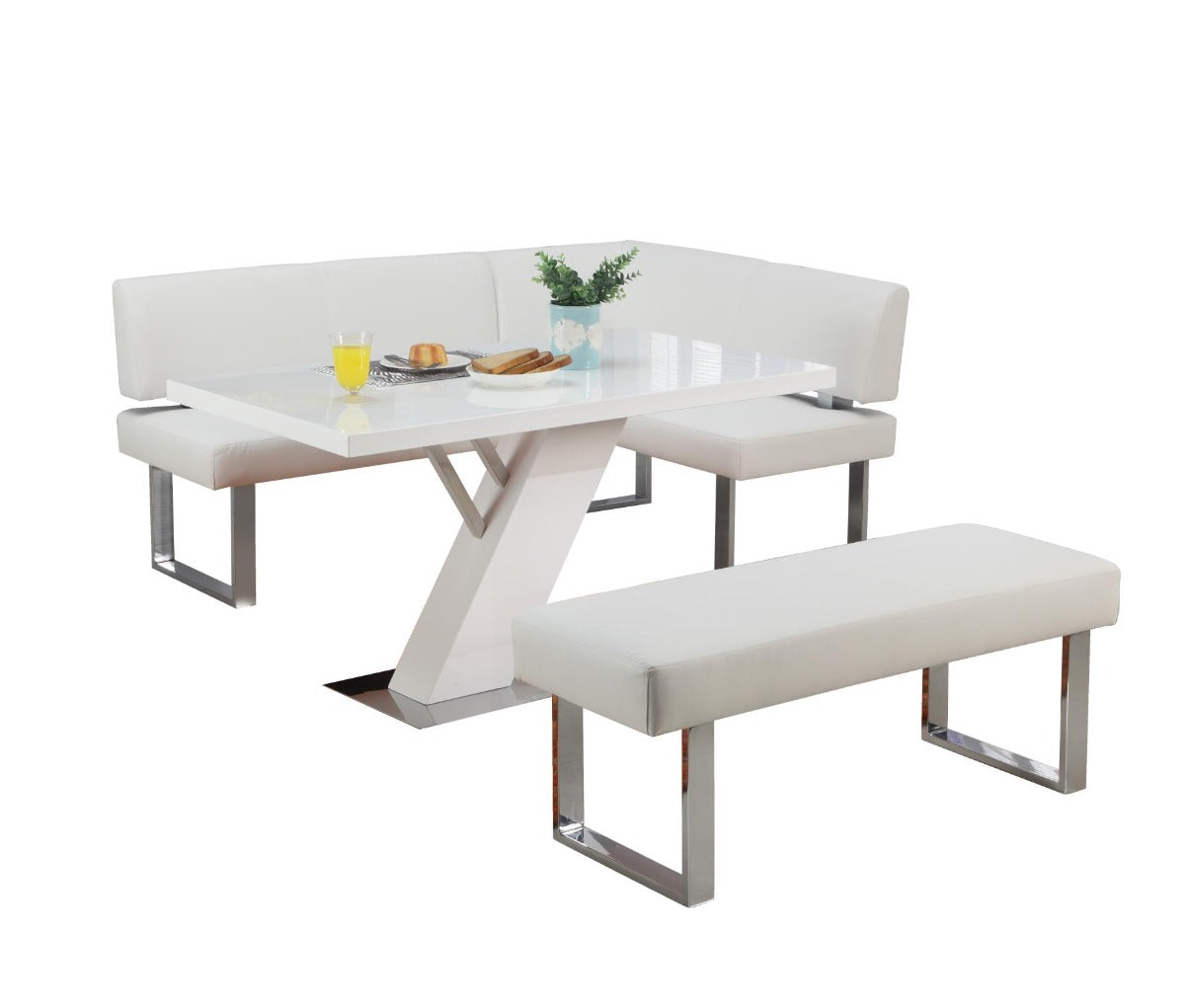 Chintaly Linden 3-Piece Contemporary Dining Set with White Gloss Table, Upholstered Bench & Nook