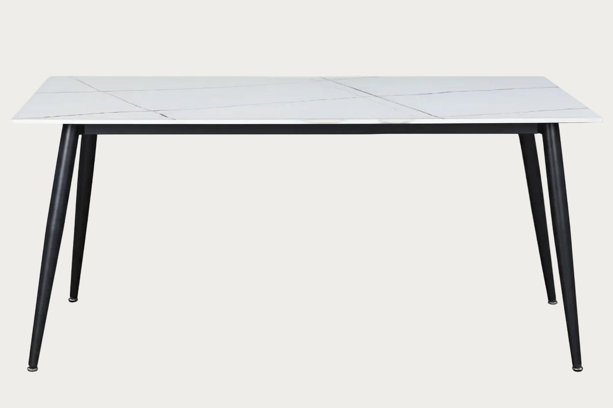 Mary dining table with white marble-like top and black legs