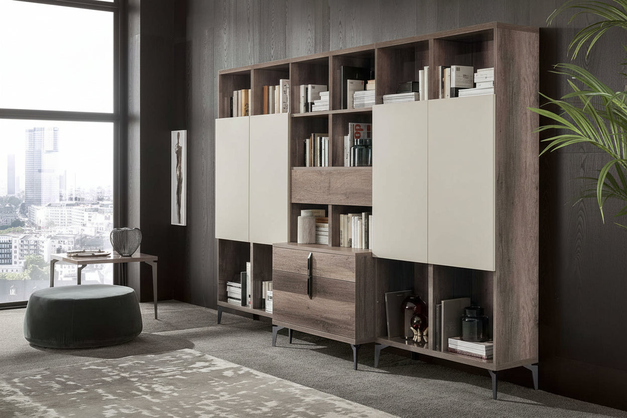 Matera modern interior with a large wooden bookshelf and a file cabinet against a dark wall.