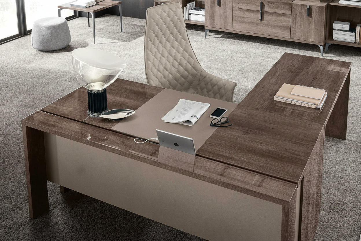 Matera modern office desk with various items on a gray carpeted floor.