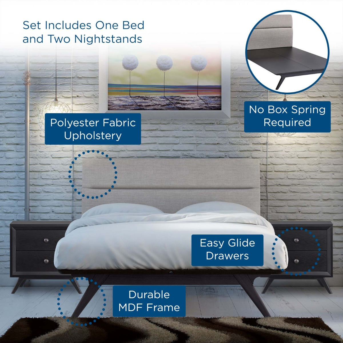 Modway Addison 3 Piece Bedroom Set, Queen Size