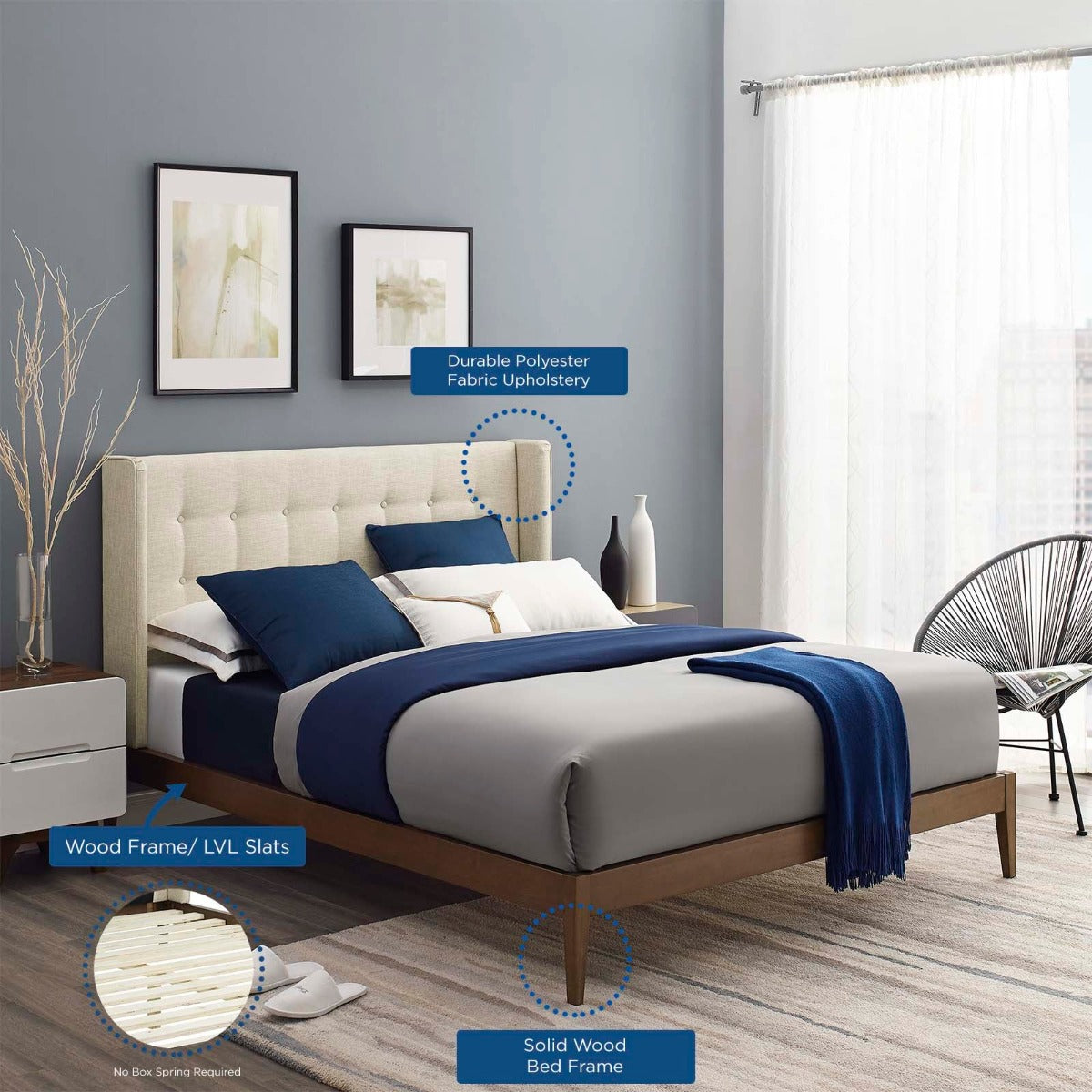 Modway Hadley Wingback Upholstered Polyester Fabric Platform Bed, Queen, Beige