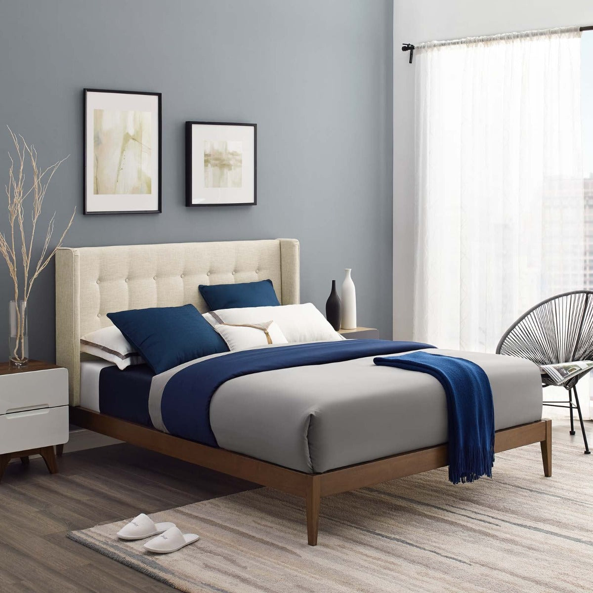 Modway Hadley Wingback Upholstered Polyester Fabric Platform Bed, Queen, Beige