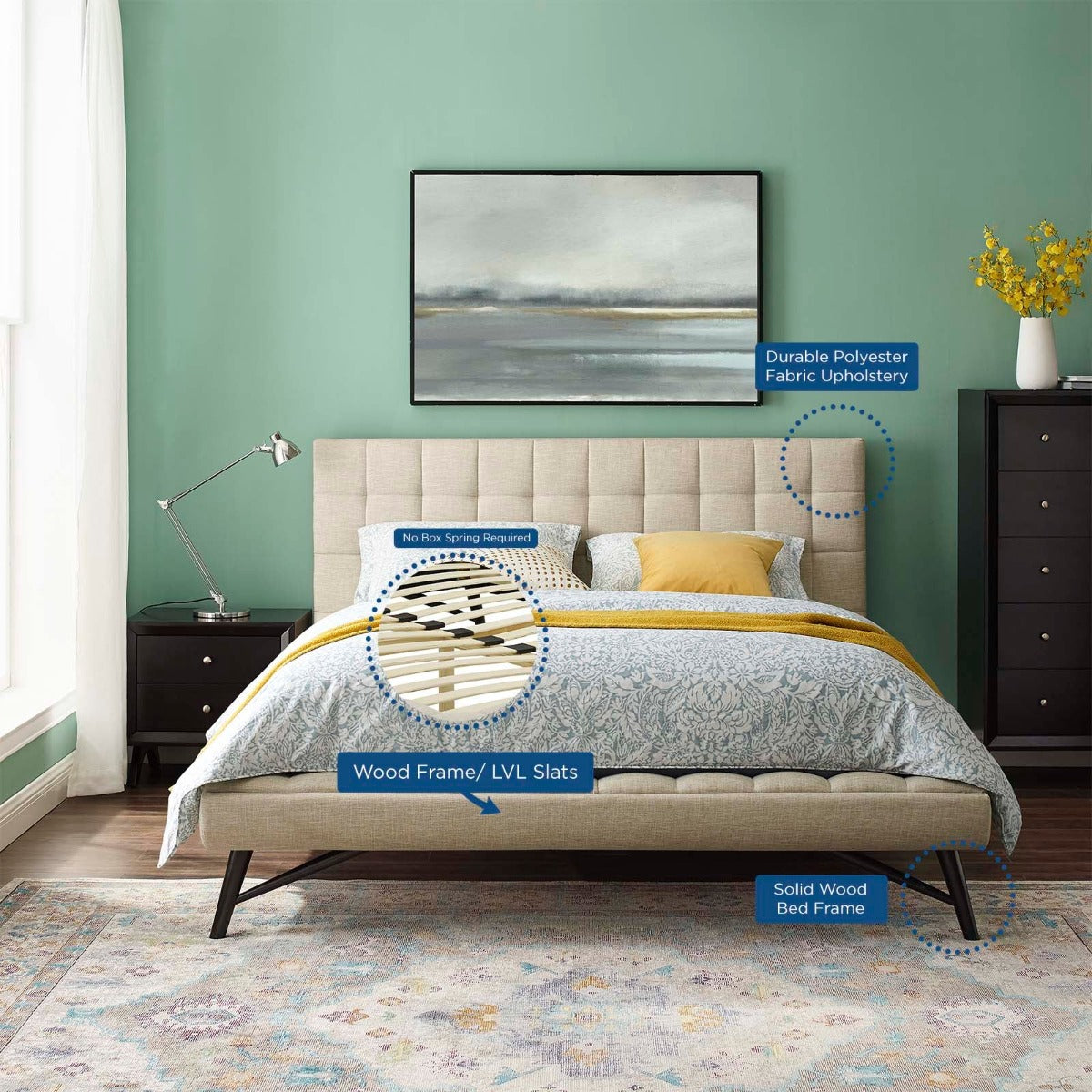 Modway Julia Biscuit Tufted Upholstered Fabric Platform Bed, Queen