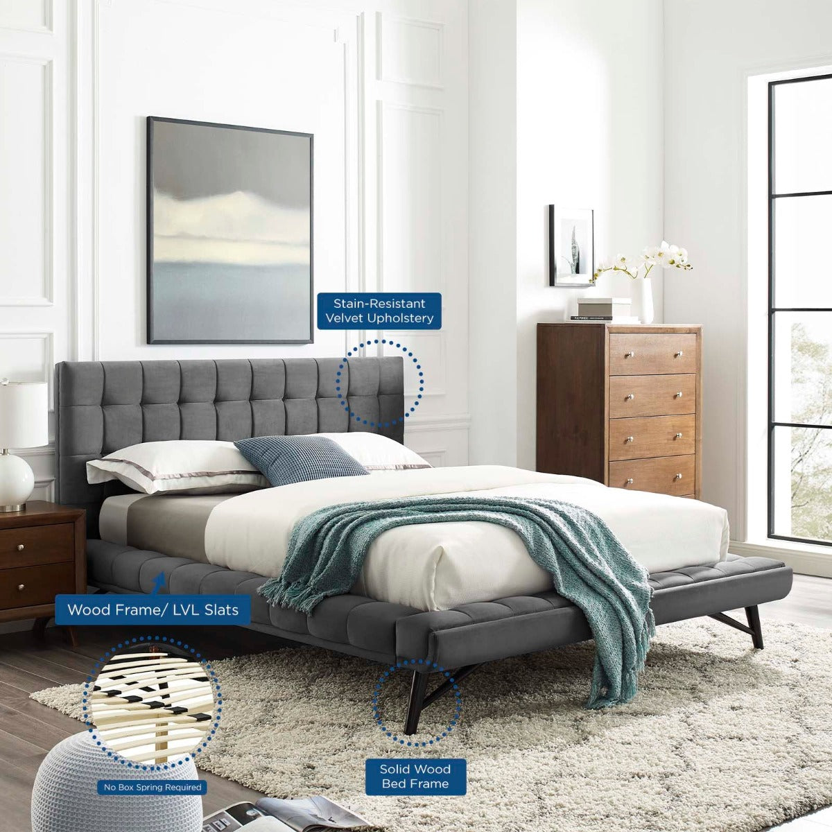 Modway Julia Biscuit Tufted Performance Velvet Platform Bed, Queen