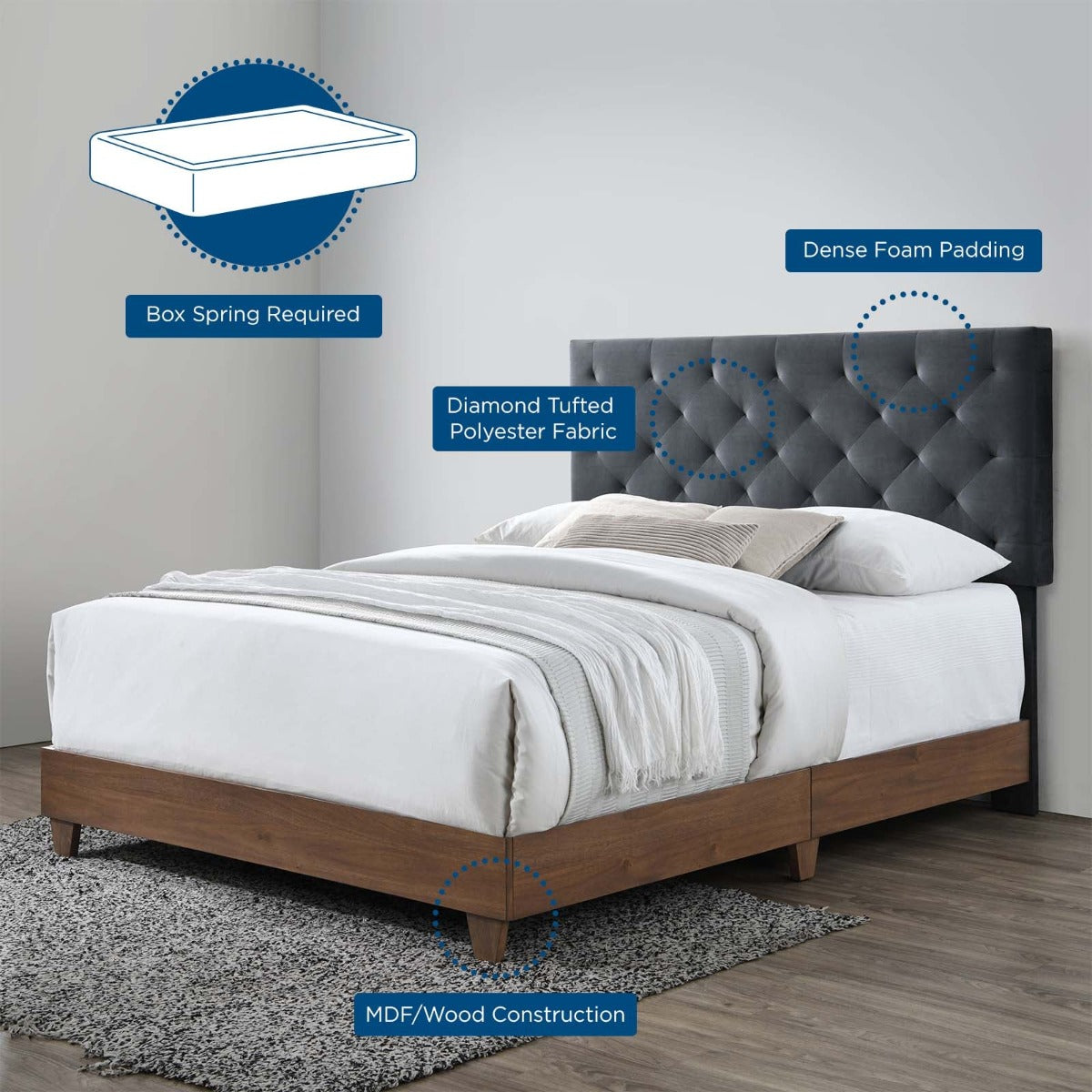 Modway Rhiannon Diamond Tufted Upholstered Performance Velvet Bed, Queen
