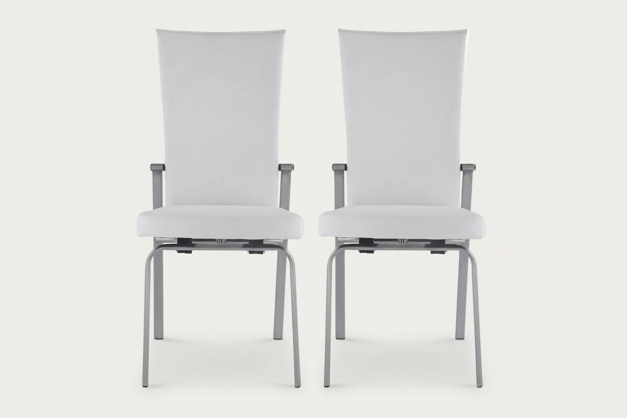 Two Molly white side chairs with gray frames on a white background