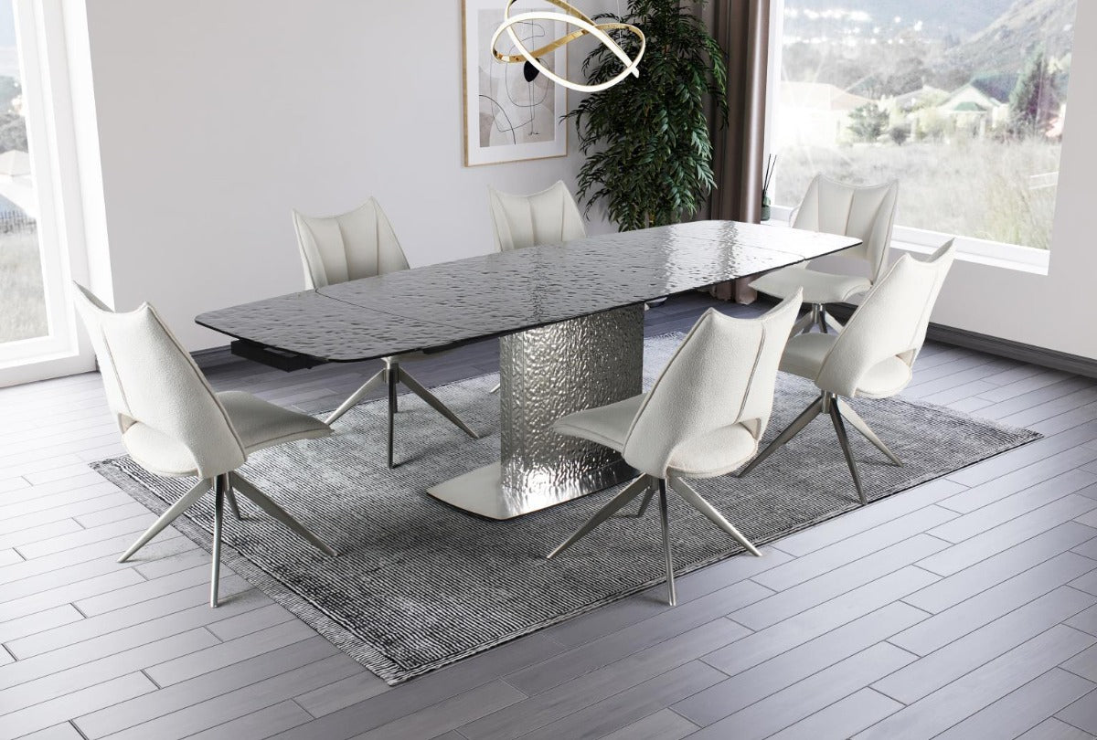 Chintaly Nora 7-Piece Contemporary Dining Set with Extendable Textured Table & 6 Swivel Chairs
