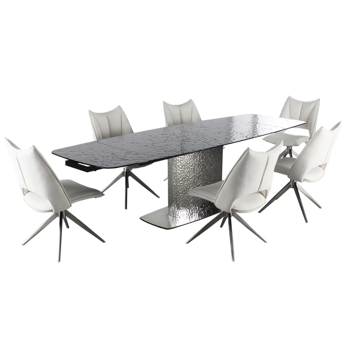 Chintaly Nora 7-Piece Contemporary Dining Set with Extendable Textured Table & 6 Swivel Chairs