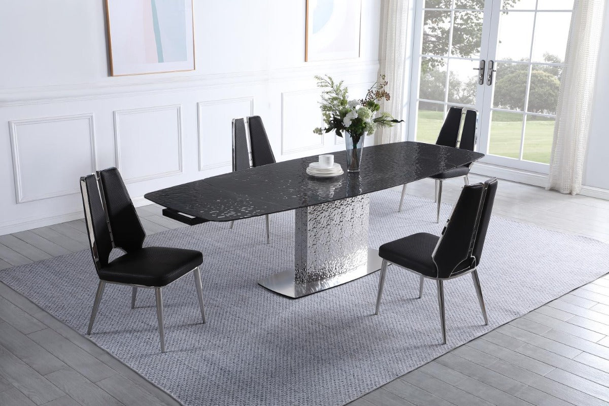 Chintaly Nora Tessa 5-Piece Contemporary Dining Set with Extendable Textured Table & Steel Accent Chairs