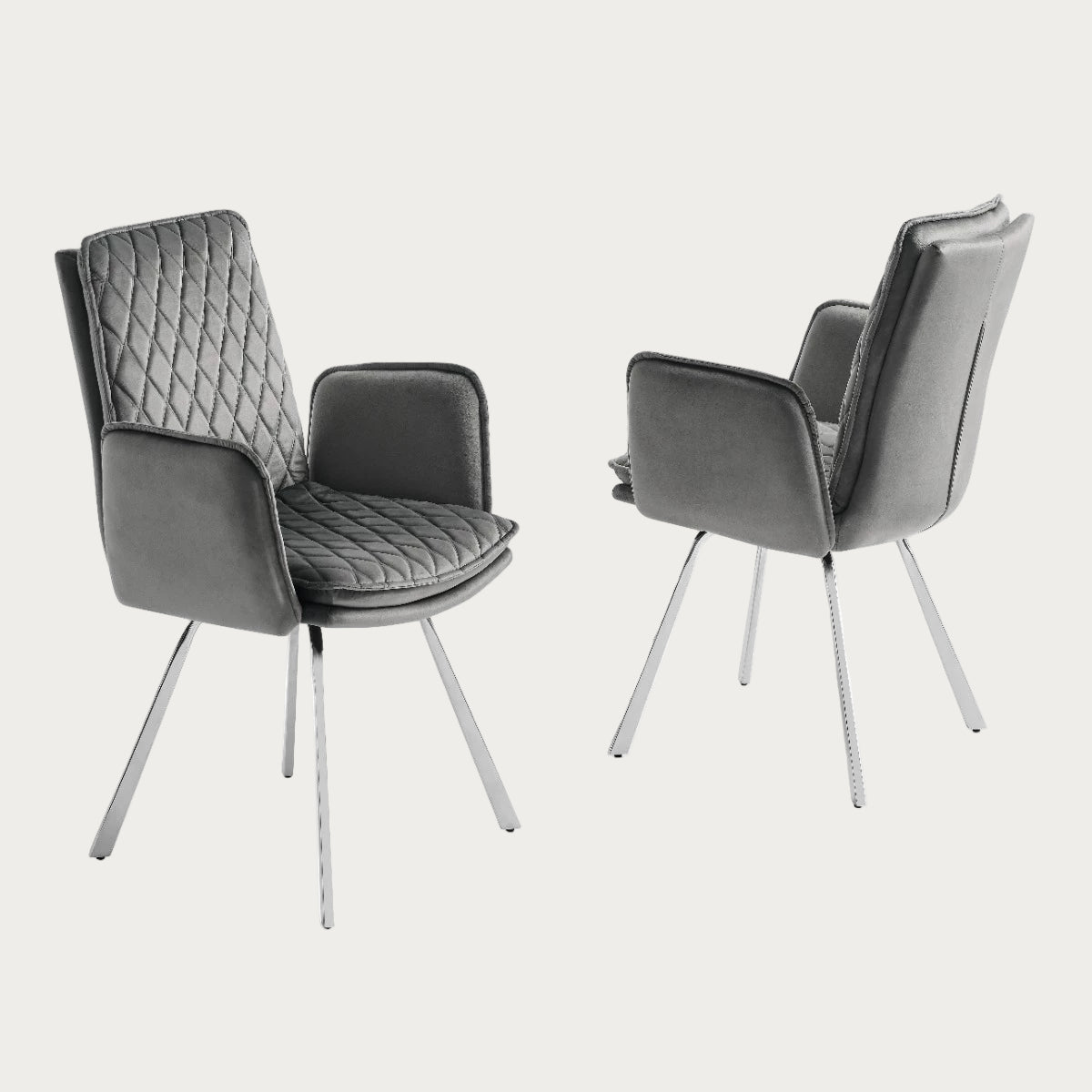 Novel armchair upholstered in Grey Velvet Fabric with Chrome Legs