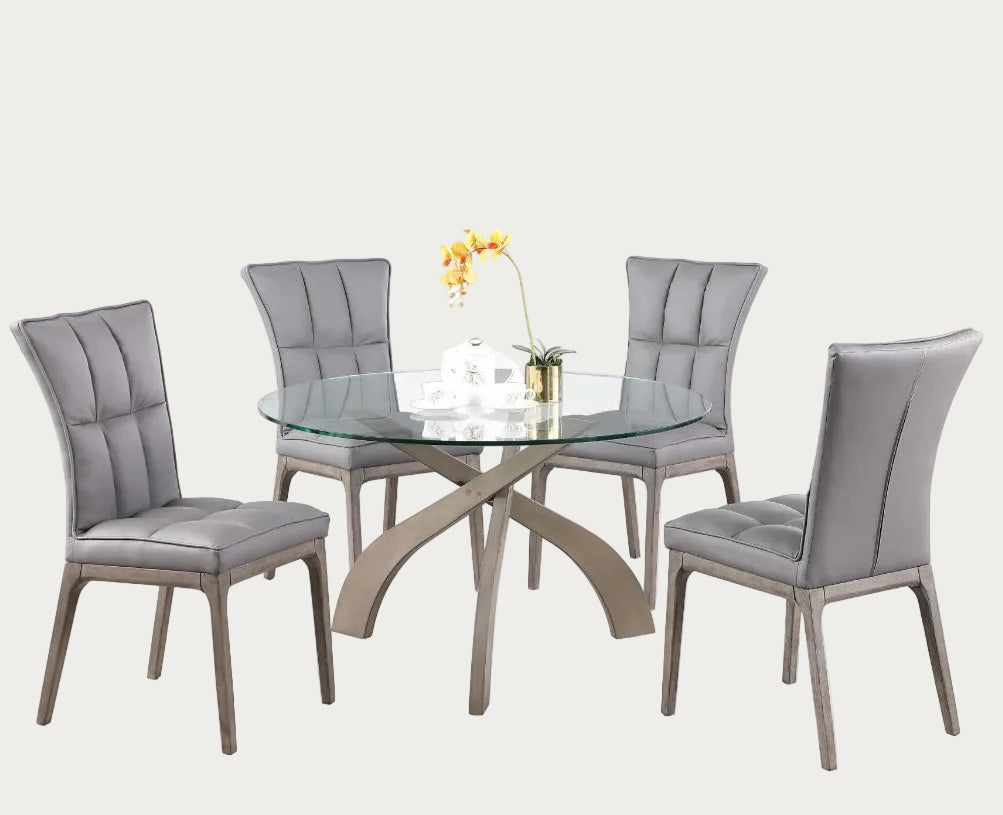 Dining set with a glass table and four gray chairs