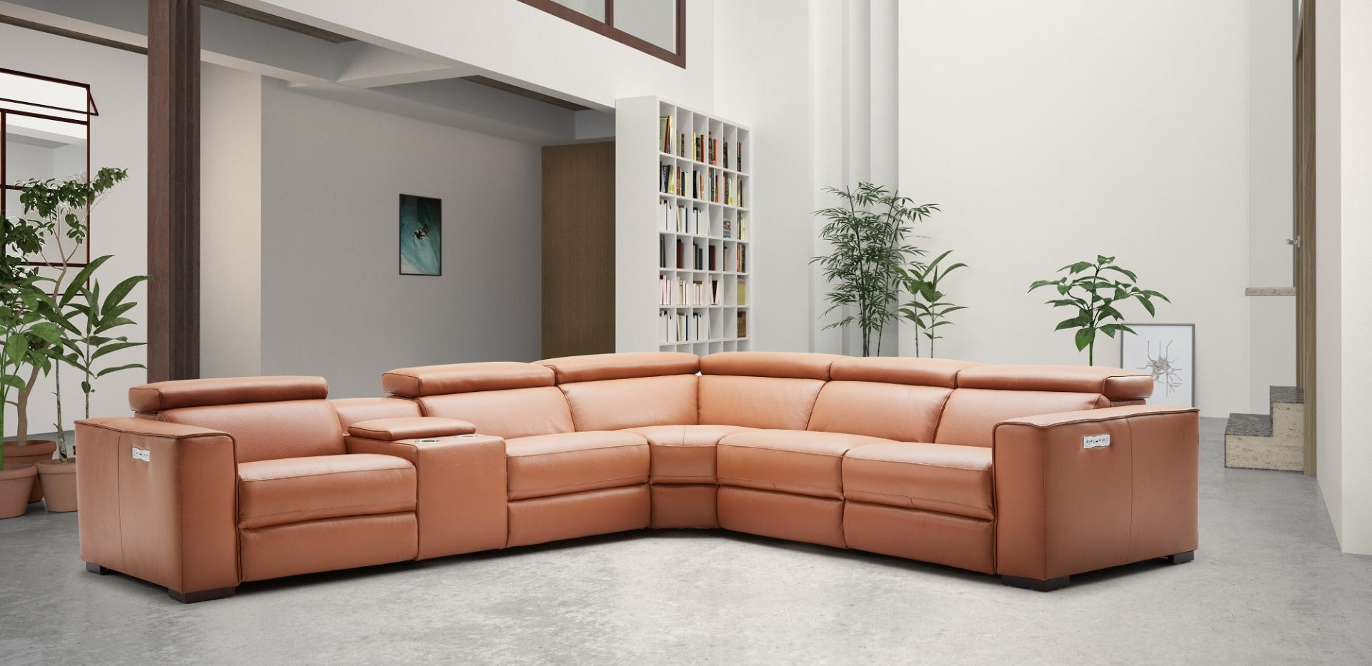 J & M Picasso 6 Pc Motion Sectional, Caramel Leather