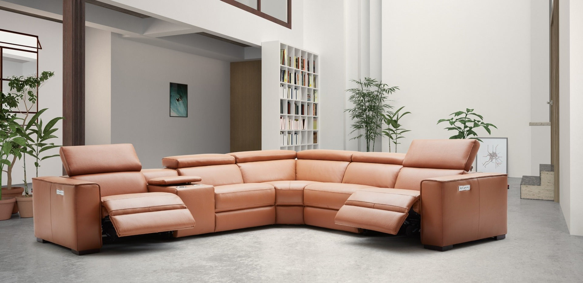 J & M Picasso 6 Pc Motion Sectional, Caramel Leather