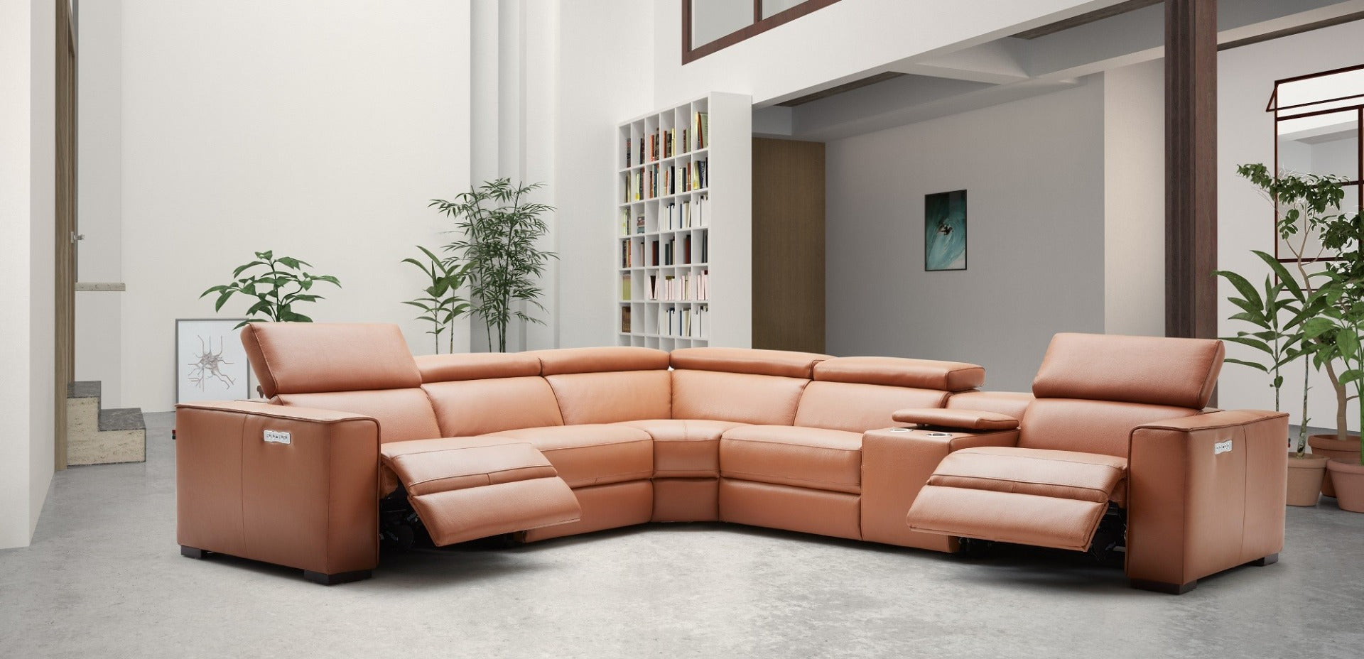 J & M Picasso 6 Pc Motion Sectional, Caramel Leather