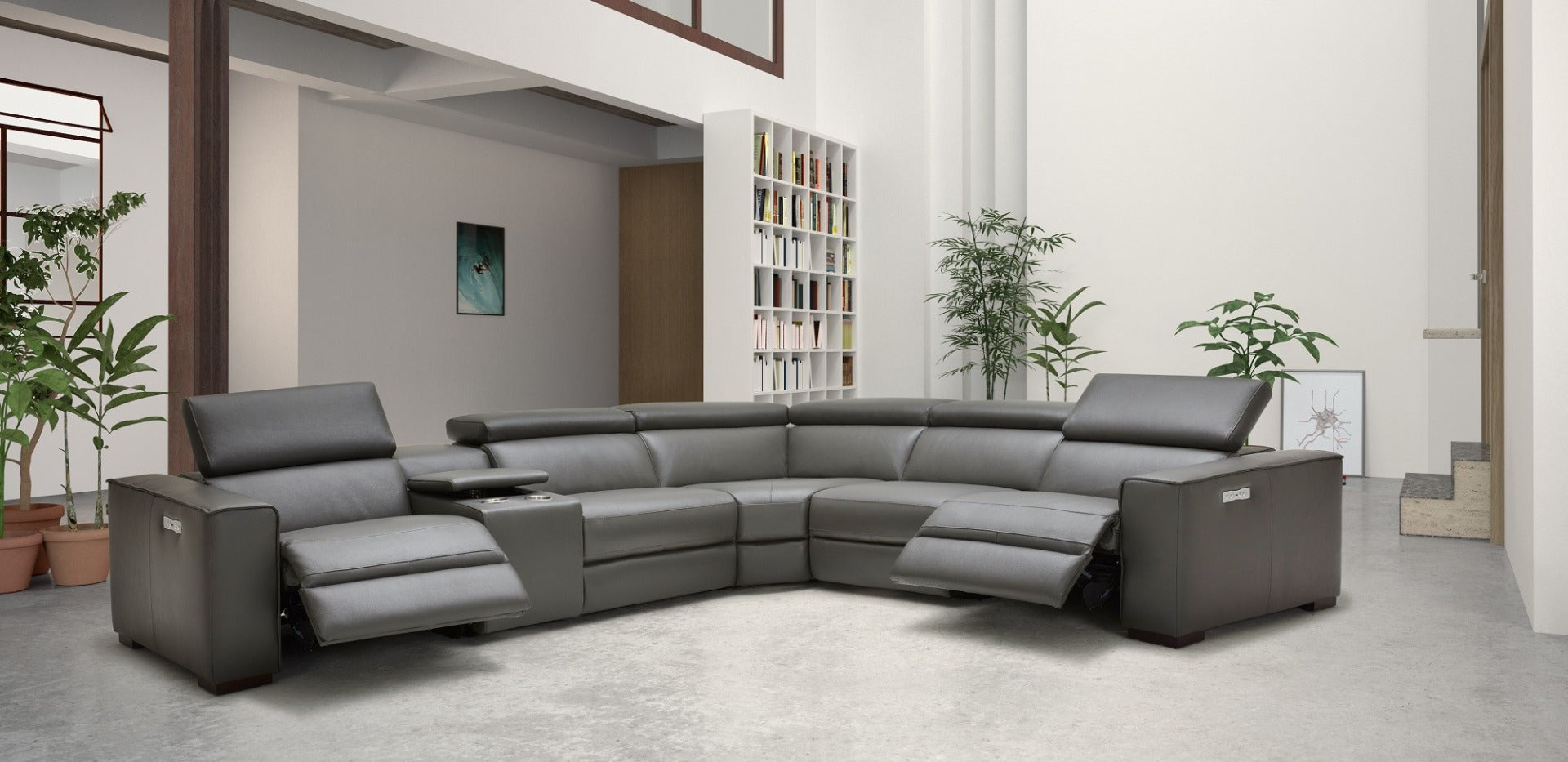 J & M Picasso 6 Pc Motion Sectional, Dark Gray Leather
